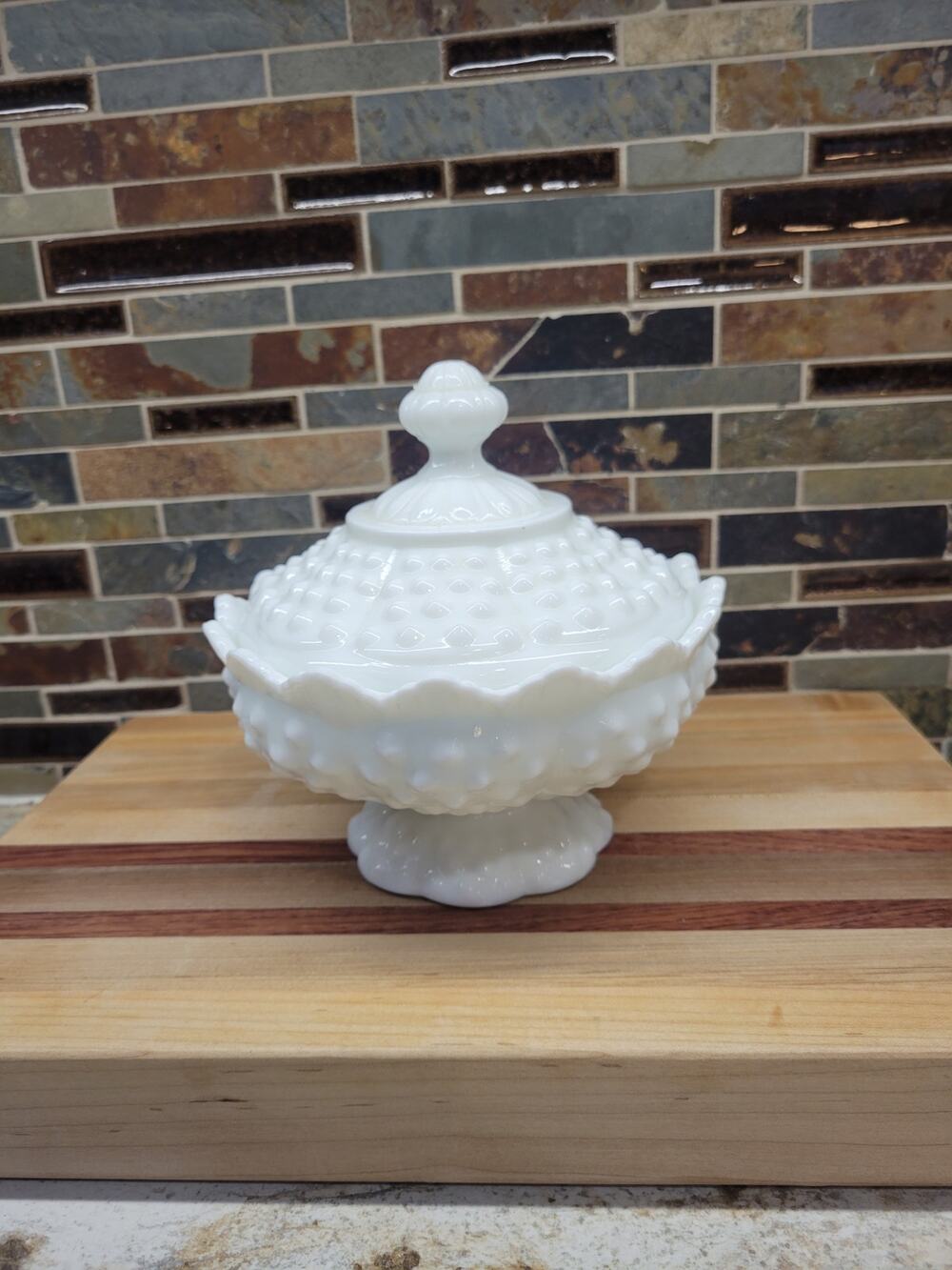 Vintage Fenton White Milk Glass Hobnail Covered Pedestal Candy Dish Compote Lid